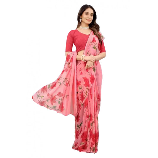 Georgette Printed Saree With Unstitched Blouse (Red)