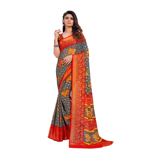 Viscose Rayon Printed Saree With Unstitched Blouse (Grey)