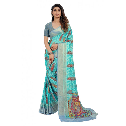 Viscose Rayon Printed Saree With Unstitched Blouse (Sky Blue)