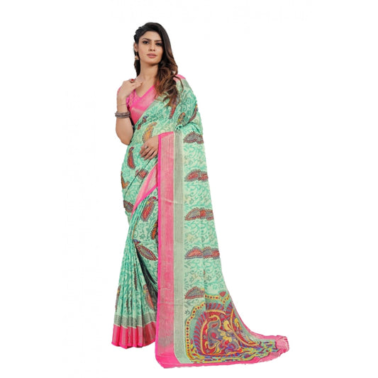 Viscose Rayon Printed Saree With Unstitched Blouse (Teal)