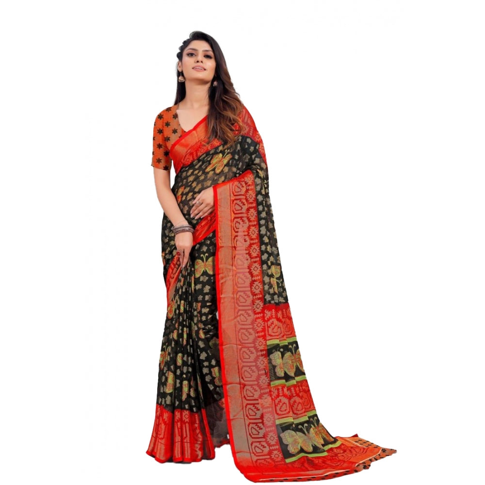 Viscose Rayon Printed Saree With Unstitched Blouse (Black)