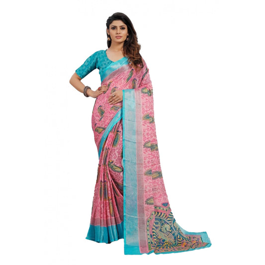 Viscose Rayon Printed Saree With Unstitched Blouse (Pink)