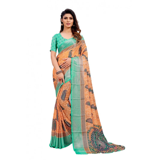 Viscose Rayon Printed Saree With Unstitched Blouse (Orange)