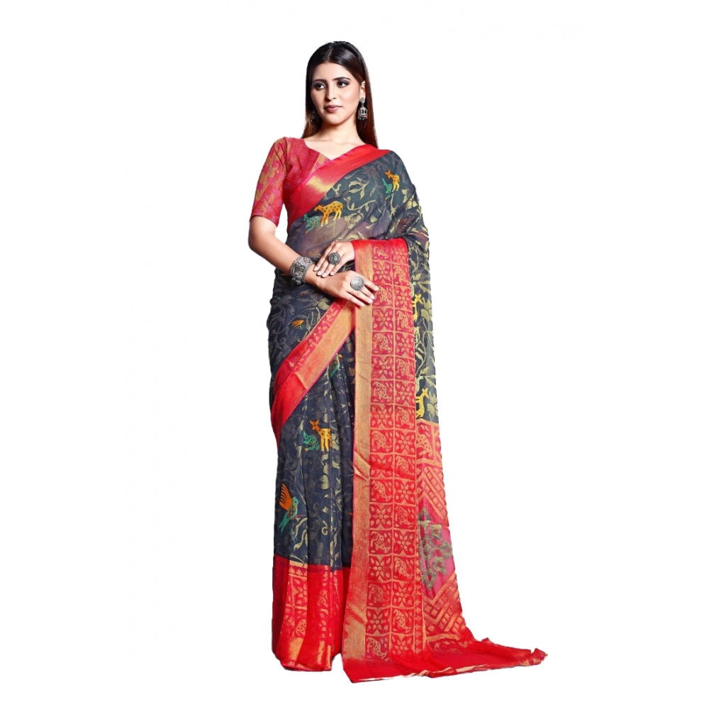 Viscose Rayon Printed Saree With Unstitched Blouse (Grey)