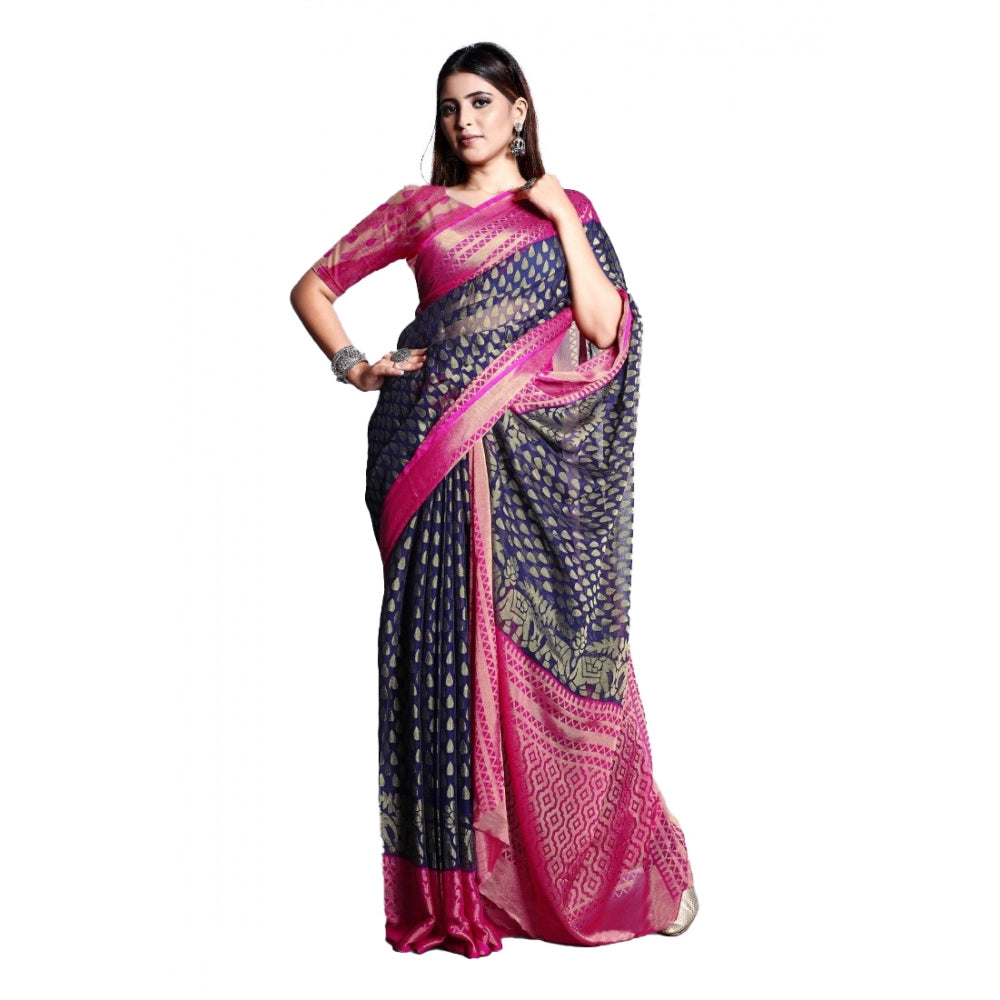 Viscose Rayon Printed Saree With Unstitched Blouse (Navy Blue)