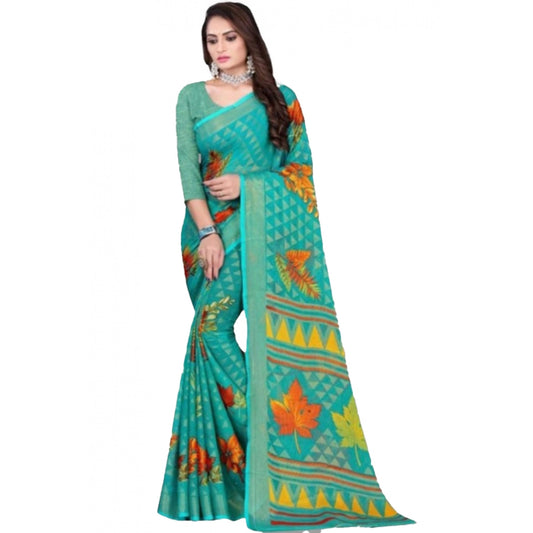 Viscose Rayon Printed Saree With Unstitched Blouse (Teal)