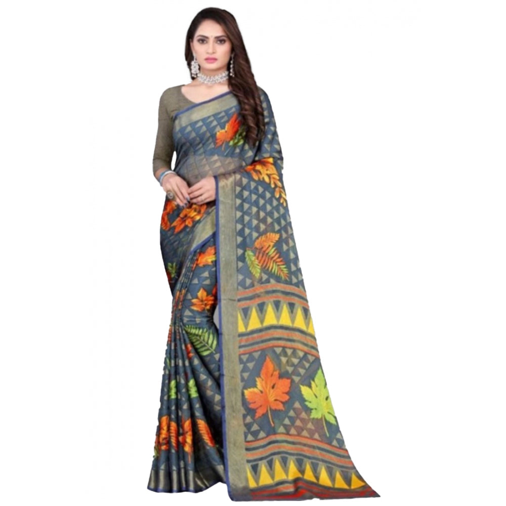 Viscose Rayon Printed Saree With Unstitched Blouse (Grey)