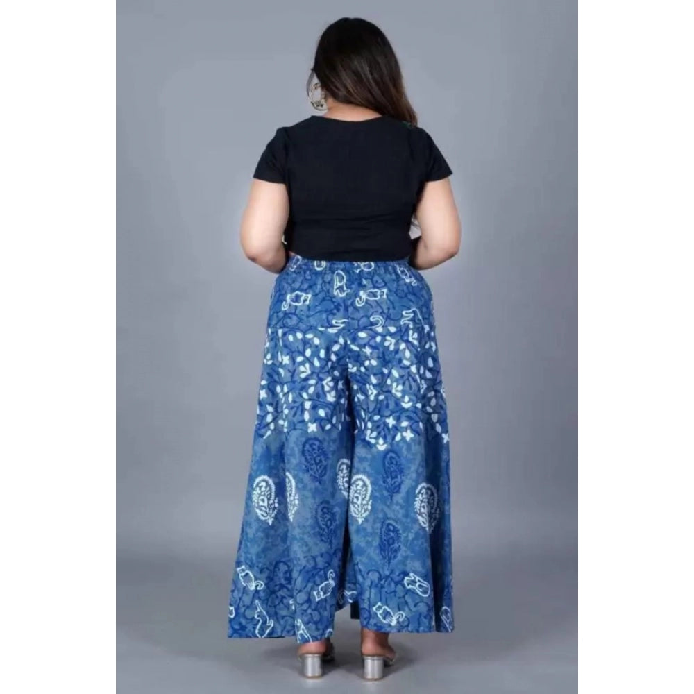 Generic Women's Cotton Printed Elastic Palazzo Pant (Blue, Free Size)