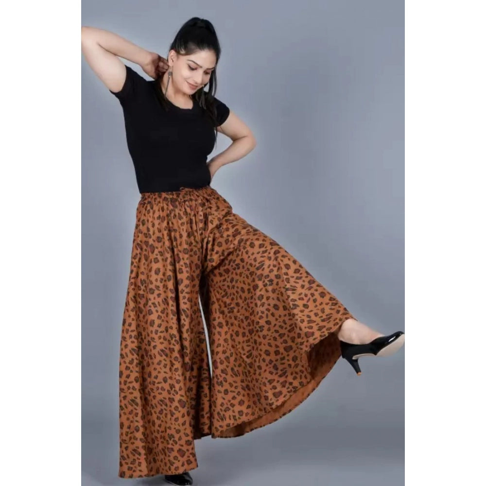 Generic Women's Cotton Printed Elastic Palazzo Pant (Brown, Free Size)