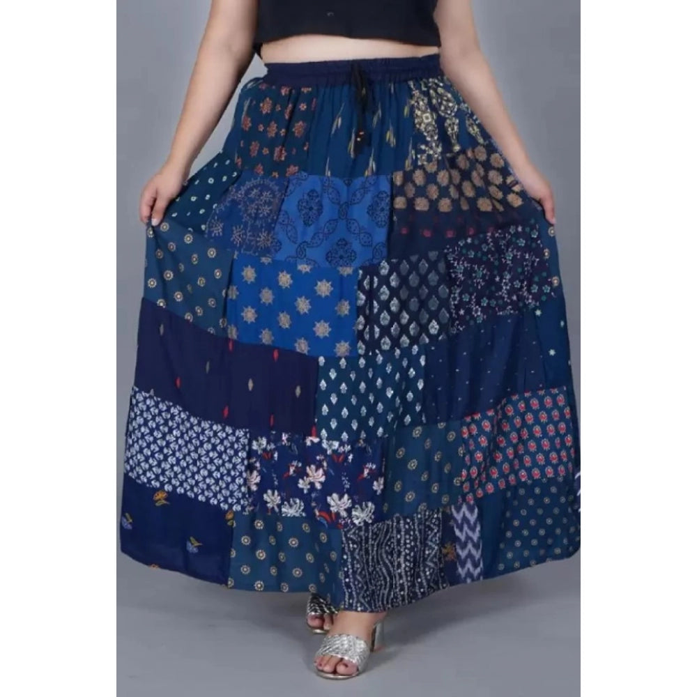 Generic Women's Rayon Printed Elastic Skirt (Blue, Free Size)