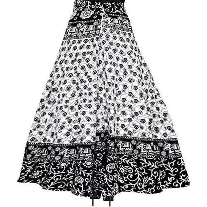 Generic Women's Cotton Jaipur Printed Wrap Around Maxi Skirt (Black, Free Size)