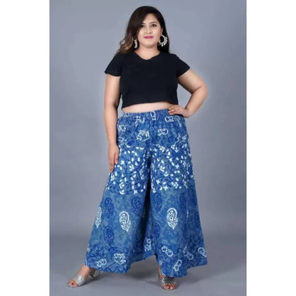 Generic Women's Cotton Printed Elastic Palazzo Pant (Blue, Free Size)