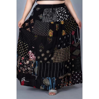 Generic Women's Rayon Printed Elastic Skirt (Black, Free Size)