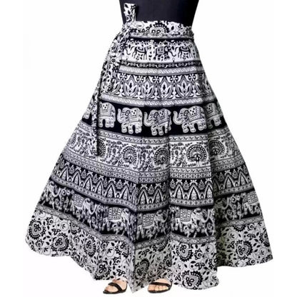 Generic Women's Cotton Jaipur Printed Wrap Around Maxi Skirt (Black, Free Size)