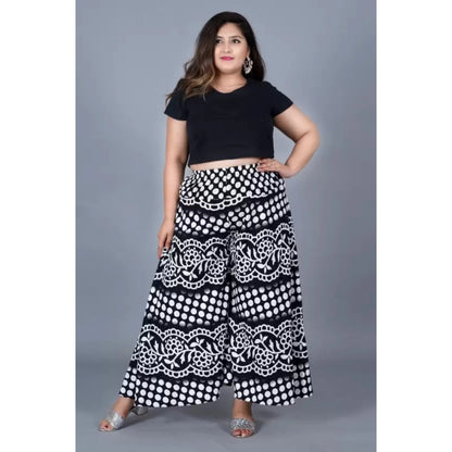 Generic Women's Cotton Printed Elastic Palazzo Pant (Black, Free Size)