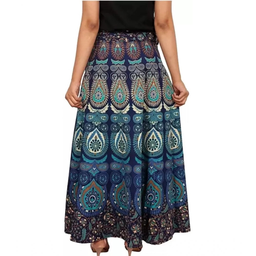 Generic Women's Cotton Jaipur Printed Wrap Around Maxi Skirt (Blue, Free Size)