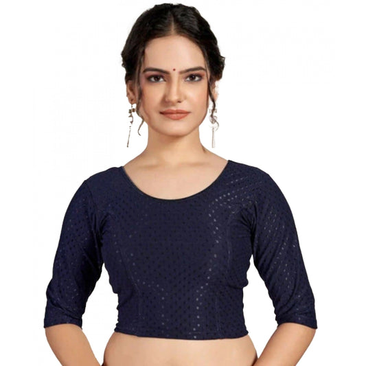 Cotton Lycra Blend Solid Non Padded Readymade Blouse (Navy Blue, Size: Free Size)