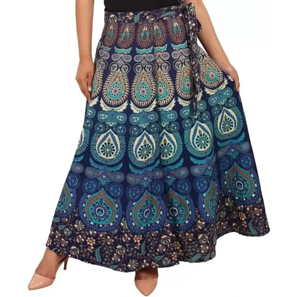 Generic Women's Cotton Jaipur Printed Wrap Around Maxi Skirt (Blue, Free Size)