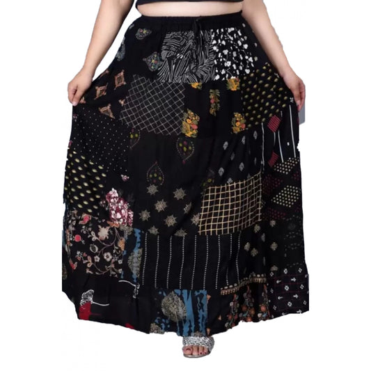 Generic Women's Rayon Printed Elastic Skirt (Black, Free Size)