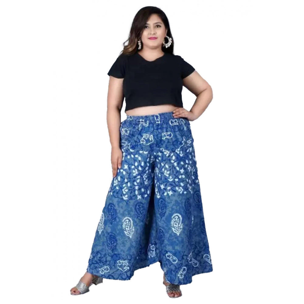 Generic Women's Cotton Printed Elastic Palazzo Pant (Blue, Free Size)