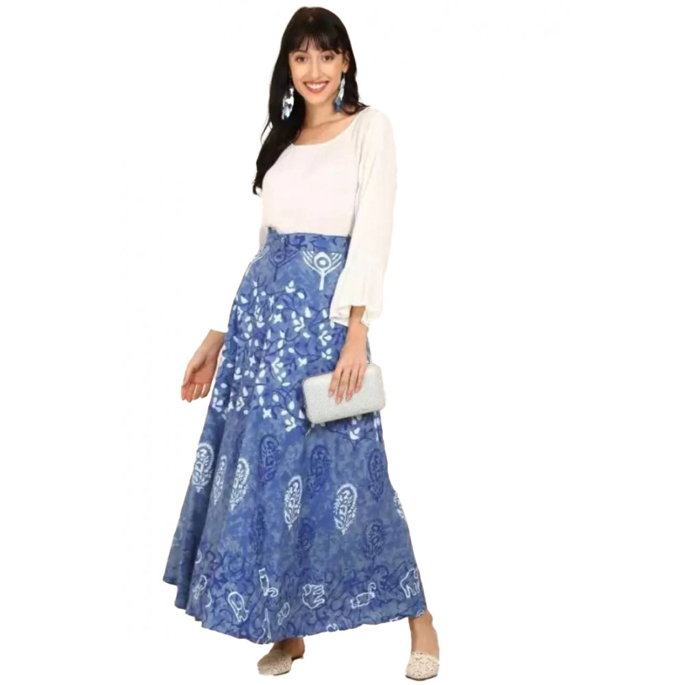 Generic Women's Cotton Printed Wrap Around Maxi Skirt (Blue, Free Size)