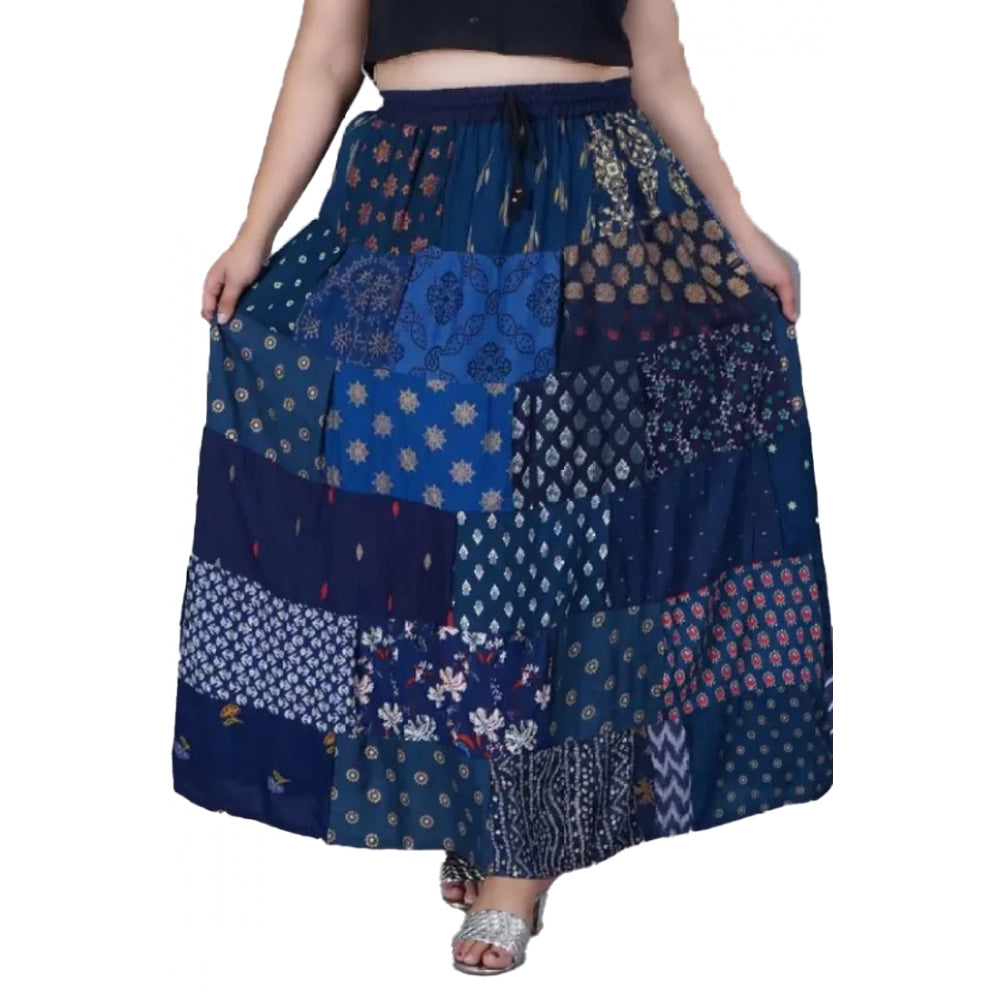 Generic Women's Rayon Printed Elastic Skirt (Blue, Free Size)