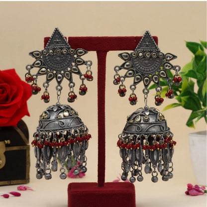 Generic Women's Maroon Color Oxidised Big Jhumka Earrings