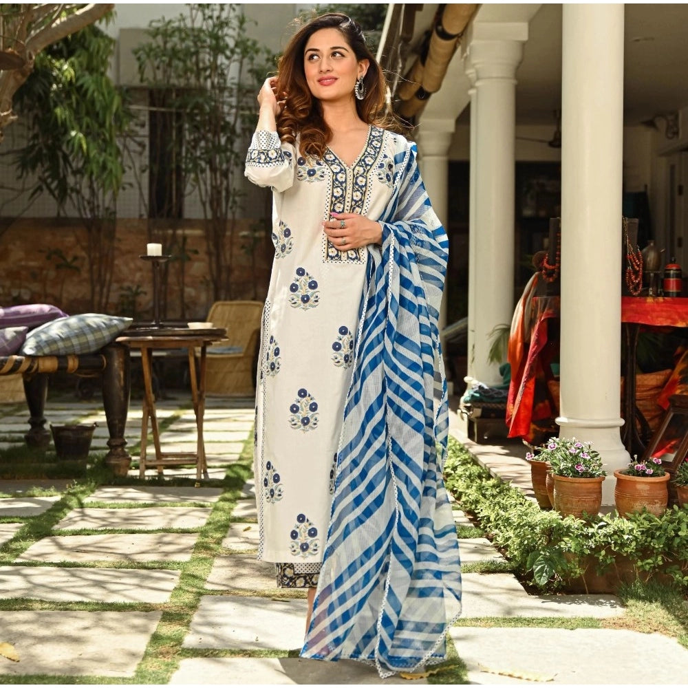 White and Blue Printed Cotton Kurti Set for Women