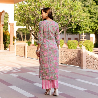 Pink Printed Cotton Kurti Set for Women