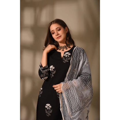 Black Floral Cotton Kurti Set