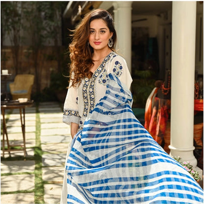 White and Blue Printed Cotton Kurti Set for Women