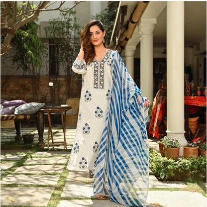 White and Blue Printed Cotton Kurti Set for Women