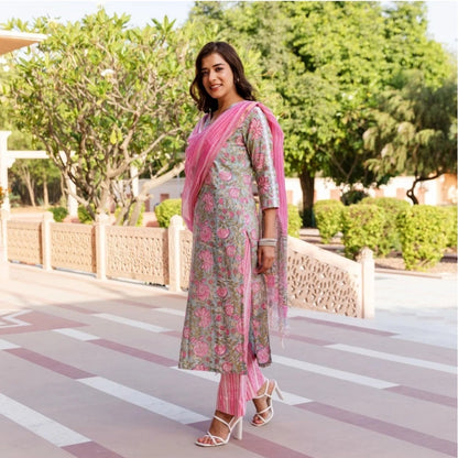 Pink Printed Cotton Kurti Set for Women