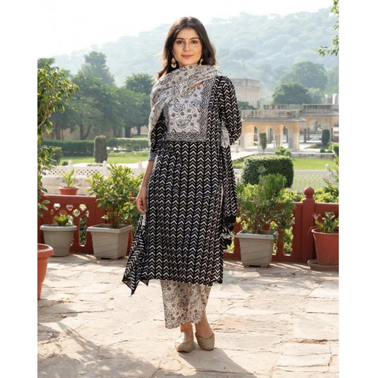 Black Printed Cotton Kurti Set for Women