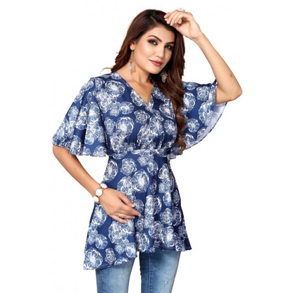 Casual Half Sleeve Printed Crepe Top (Blue)