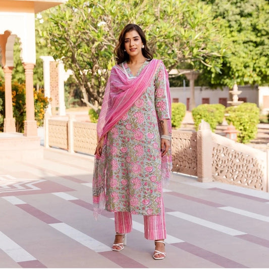 Pink Printed Cotton Kurti Set for Women