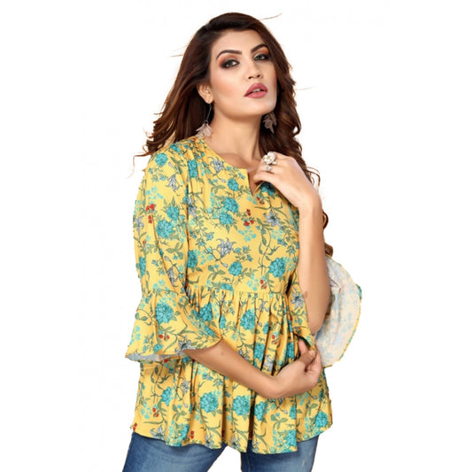 Casual 3/4th Sleeve Printed Crepe Top (Yellow)