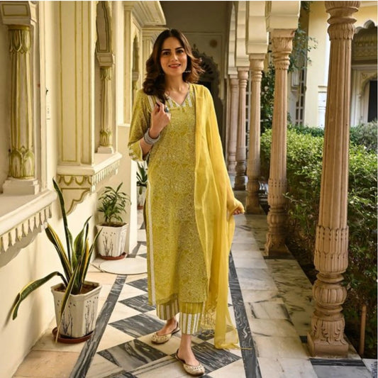 Mustard Printed Cotton Kurti Set for Women