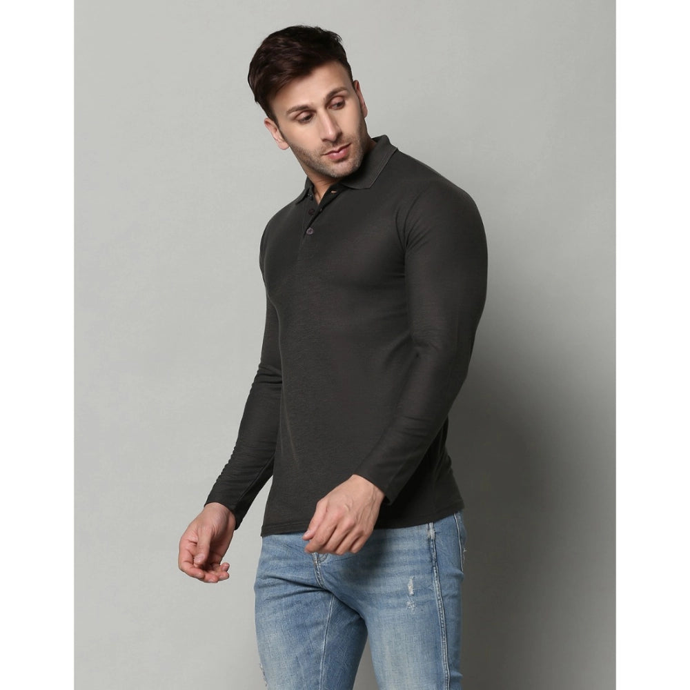 Generic Men's Casual Full Sleeve Solid Cotton Blended Polo Neck T-shirt (D.Grey)