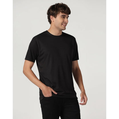 Generic Men's Casual Half Sleeve Solid Polyester Round Neck T-shirt (Black)