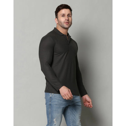 Generic Men's Casual Full Sleeve Solid Cotton Blended Polo Neck T-shirt (D.Grey)