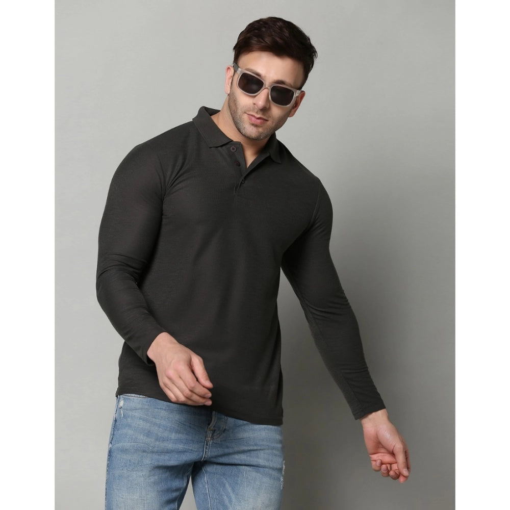 Generic Men's Casual Full Sleeve Solid Cotton Blended Polo Neck T-shirt (D.Grey)