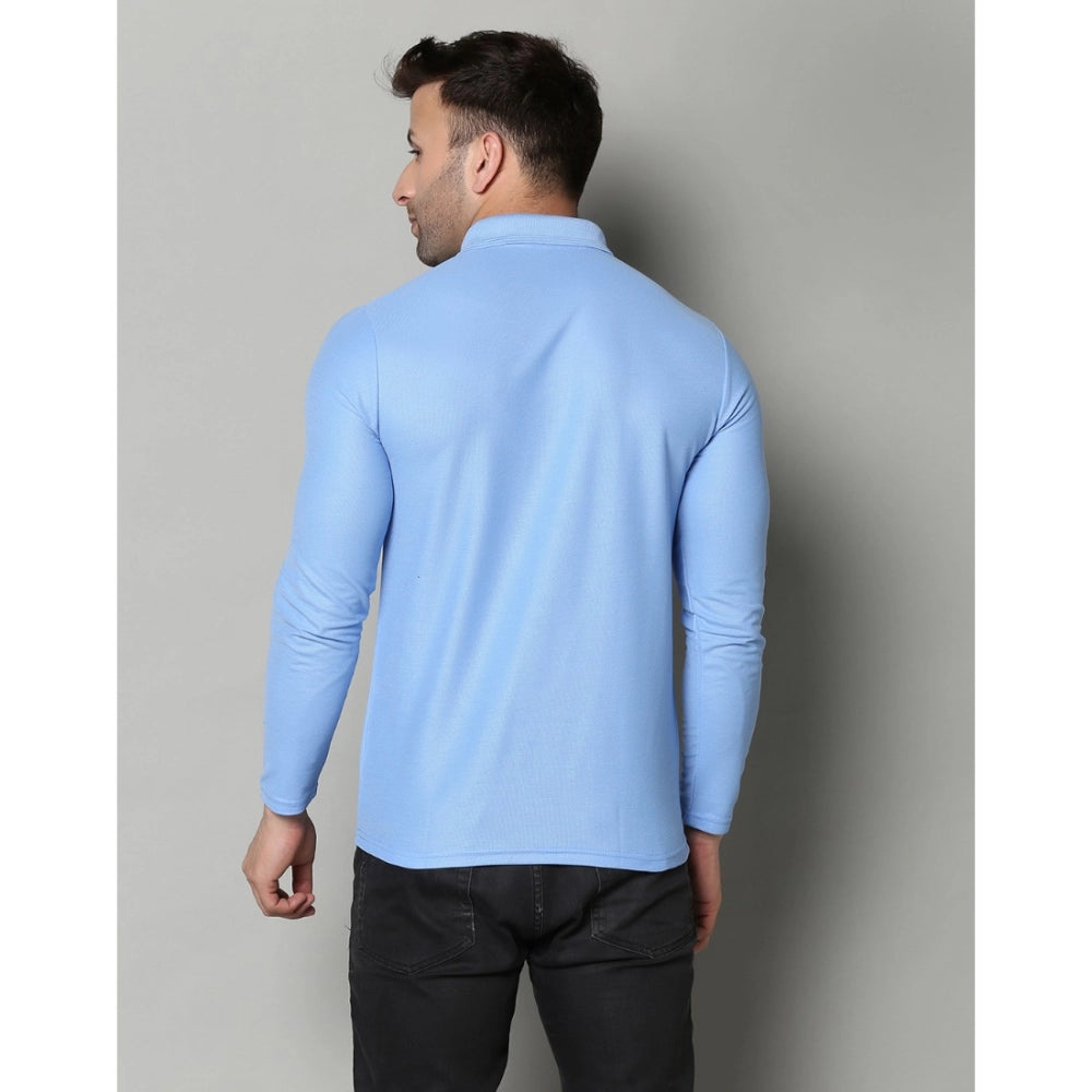 Generic Men's Casual Full Sleeve Solid Cotton Blended Polo Neck T-shirt (Sky)