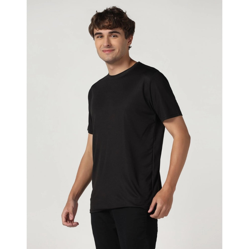 Generic Men's Casual Half Sleeve Solid Polyester Round Neck T-shirt (Black)