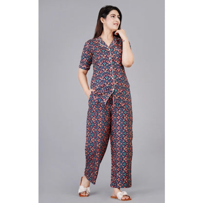 Casual Half Sleeve Printed Viscose Rayon Shirt With Pyjama Pant Night Suit Set (Blue)