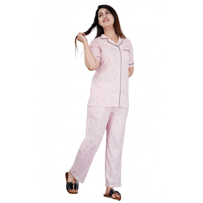 Casual Half Sleeve Printed Viscose Rayon Shirt With Pyjama Pant Night Suit Set (Pink)