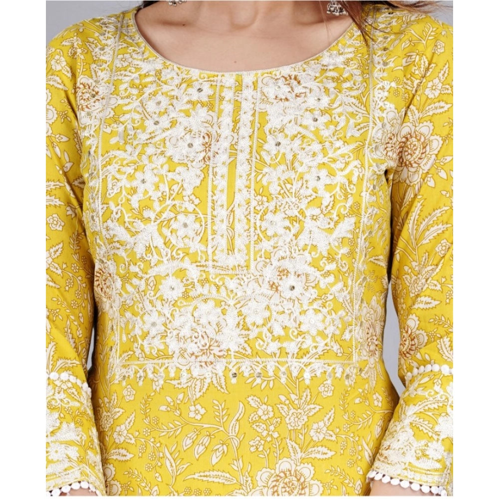 Yellow Embroidered Rayon Kurti with Pant and Dupatta Set