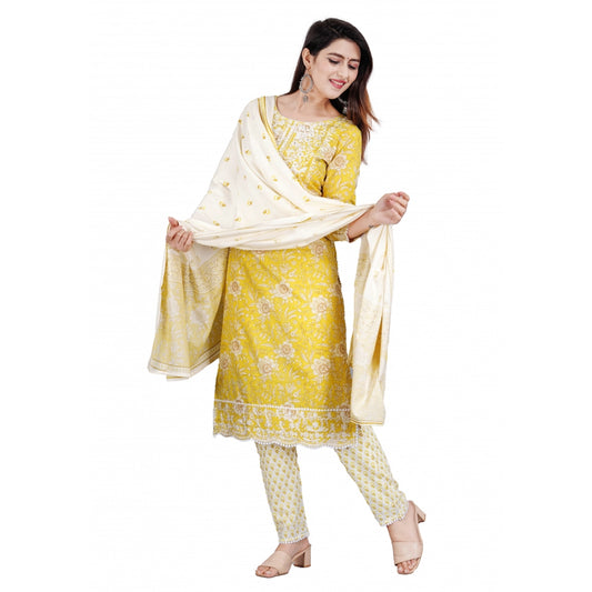 Yellow Embroidered Rayon Kurti with Pant and Dupatta Set