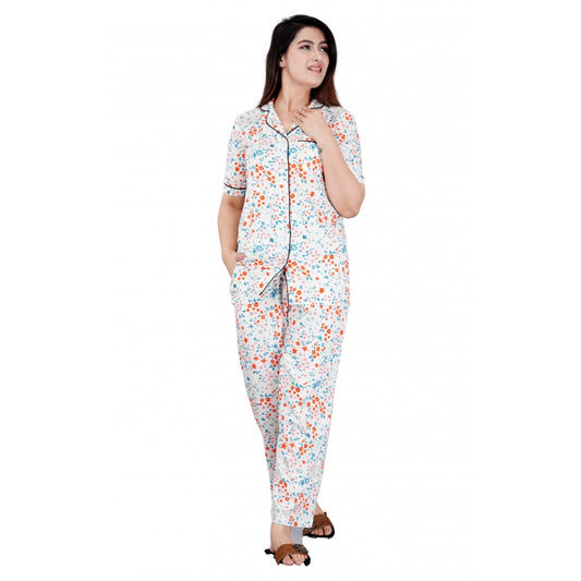 Casual Half Sleeve Printed Viscose Rayon Shirt With Pyjama Pant Night Suit Set (White)