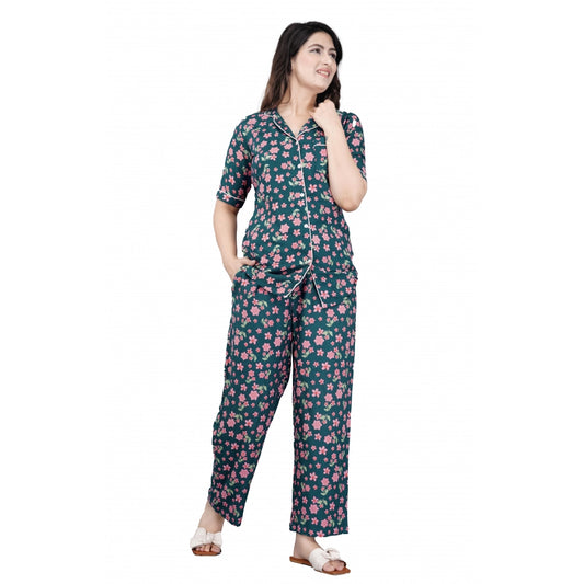 Casual Half Sleeve Printed Viscose Rayon Shirt With Pyjama Pant Night Suit Set (Teal)